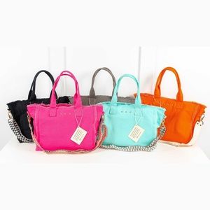 GREY Canvas tote handbag with fringe detail and guitar crossbody strap